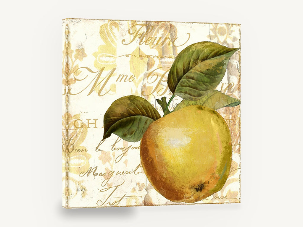 Golden Apple Script, yellow apple vintage script kitchen, kitchen canvas wall art print ready to hang
