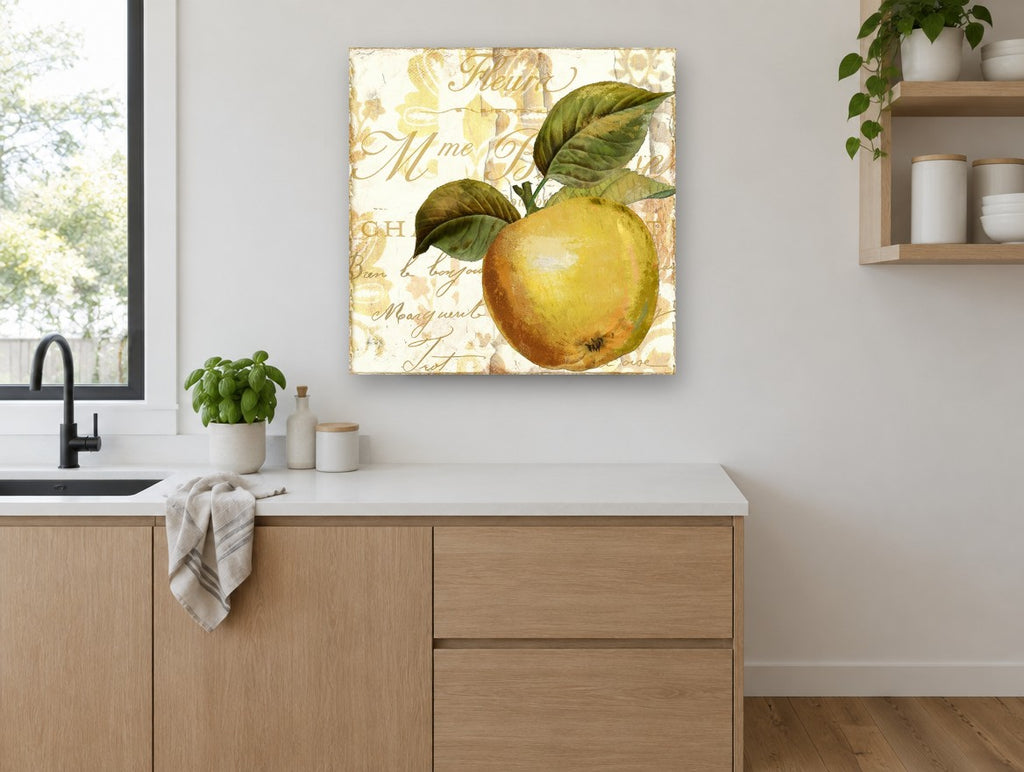 Golden Apple Script kitchen canvas print on the wall of a kitchen