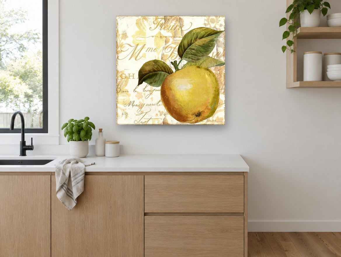 Golden Apple Script kitchen canvas print on the wall of a kitchen