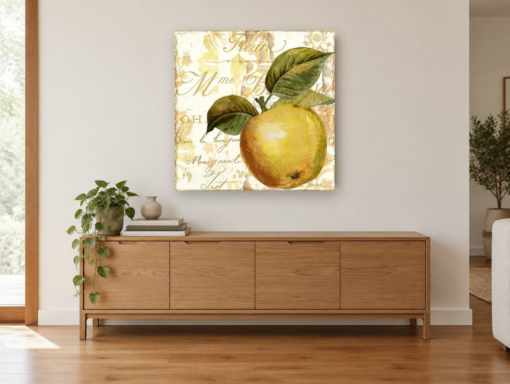 Golden Apple Script kitchen canvas print on the wall of a living room above a sideboard