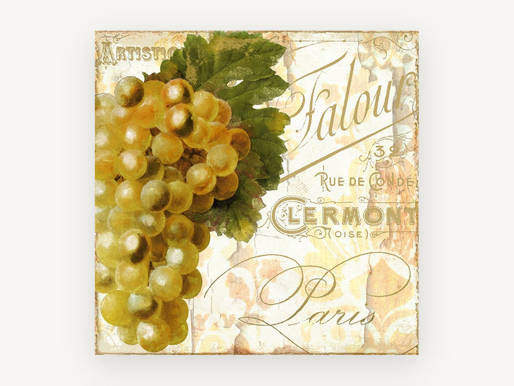 Golden Grapes Paris Script, kitchen canvas wall art print, front view