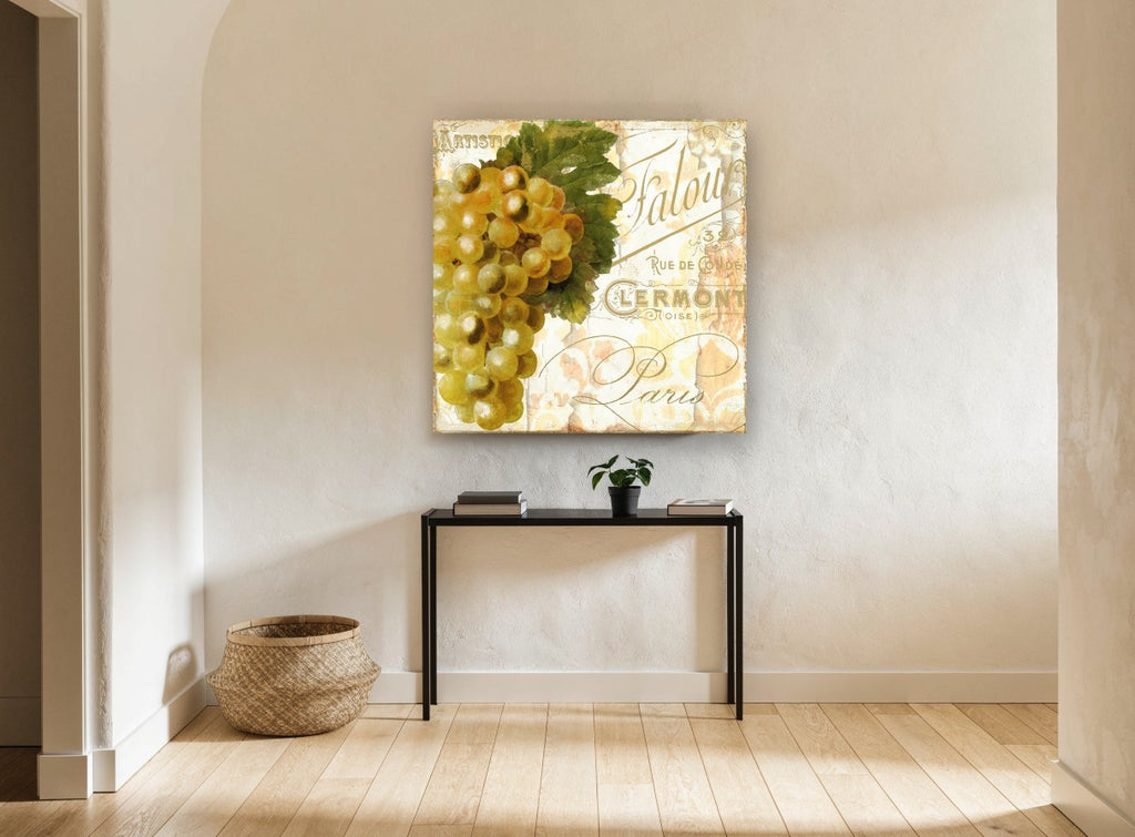 Golden Grapes Paris Script kitchen canvas print on the wall of a hallway