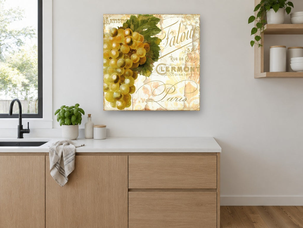 Golden Grapes Paris Script kitchen canvas print on the wall of a kitchen