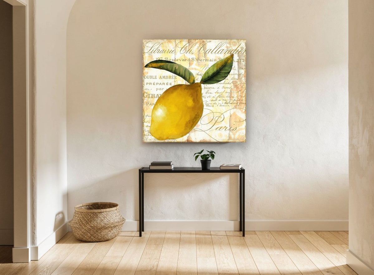Parisian Lemon Script kitchen canvas print on the wall of a hallway