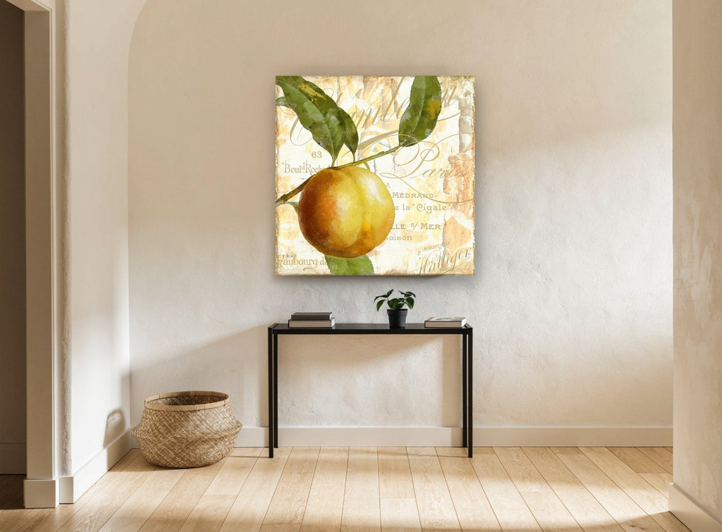 Peach on Paris Script kitchen canvas print on the wall of a hallway