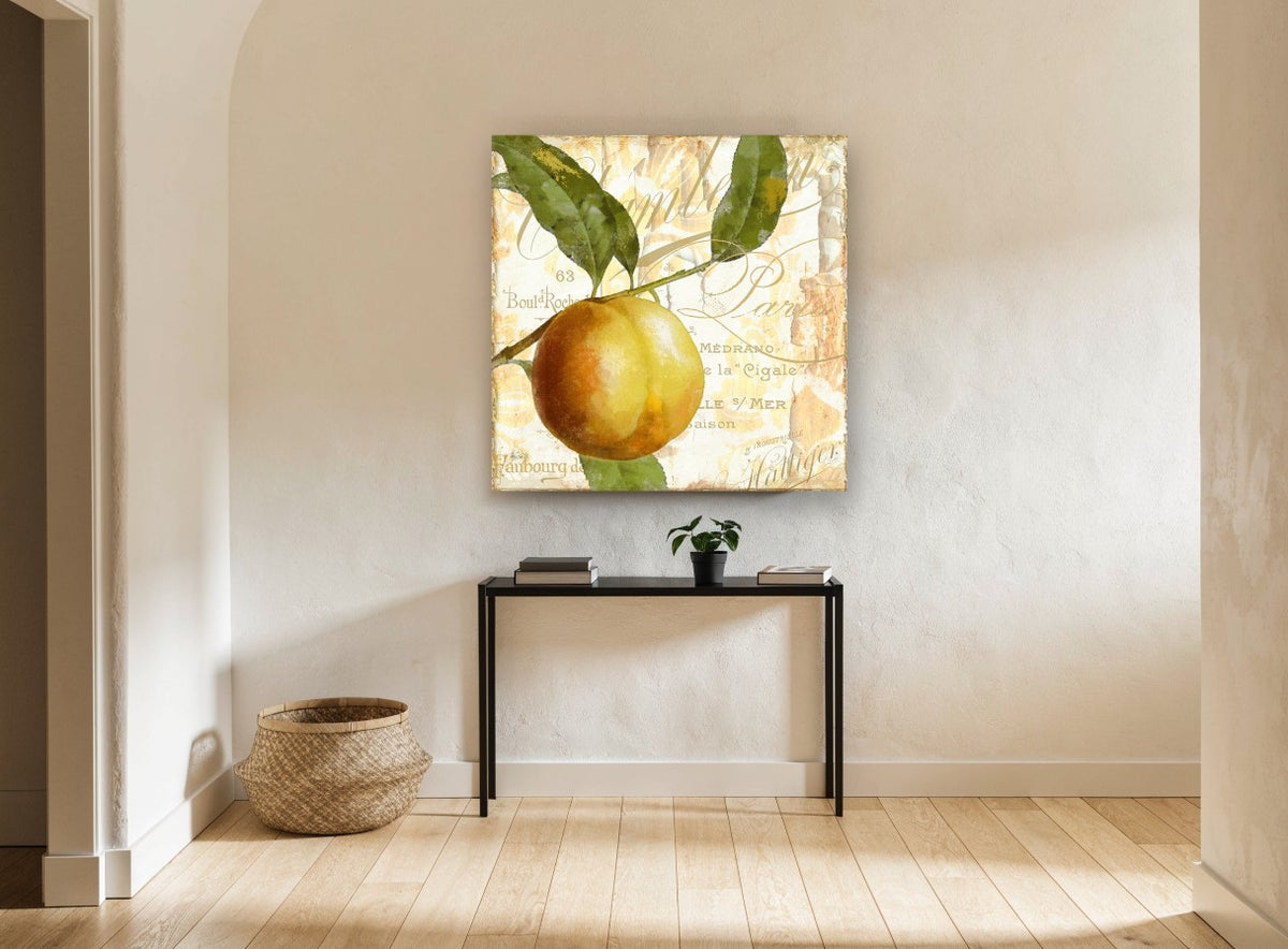 Peach on Paris Script kitchen canvas print on the wall of a hallway