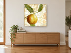 Peach on Paris Script kitchen canvas print on the wall of a living room above a sideboard
