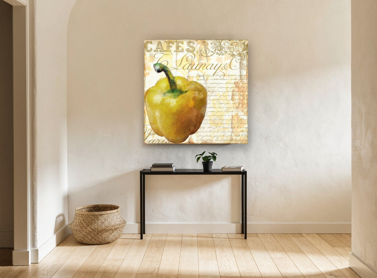Golden Capsicum Café kitchen canvas print on the wall of a hallway