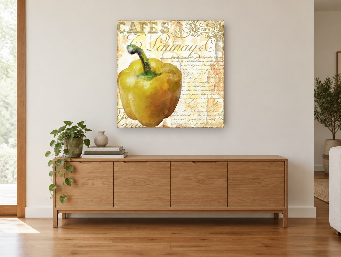 Golden Capsicum Café kitchen canvas print on the wall of a living room above a sideboard
