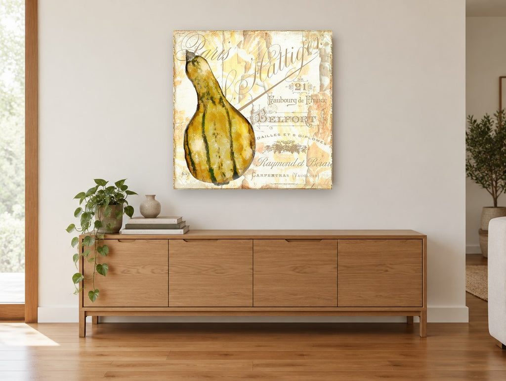 Striped Gourd Paris kitchen canvas print on the wall of a living room above a sideboard