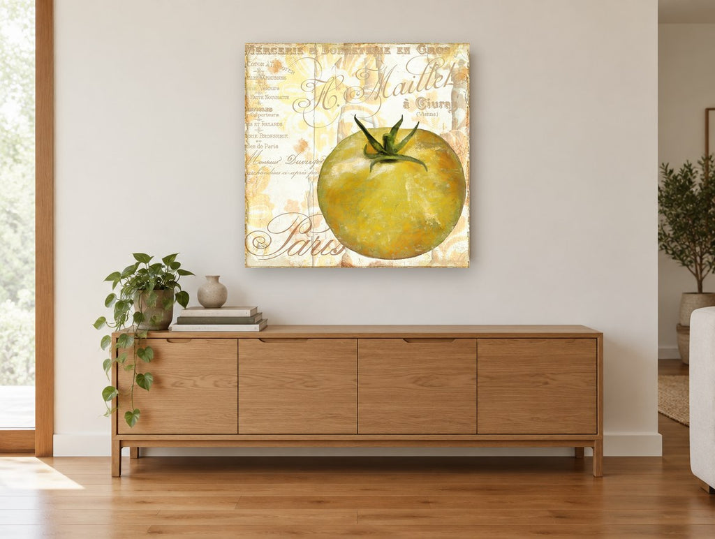 Golden Tomato Paris kitchen canvas print on the wall of a living room above a sideboard