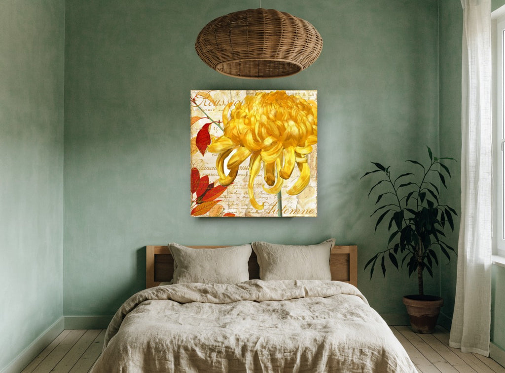 Golden Chrysanthemum Autumn floral canvas print on the wall of a bedroom