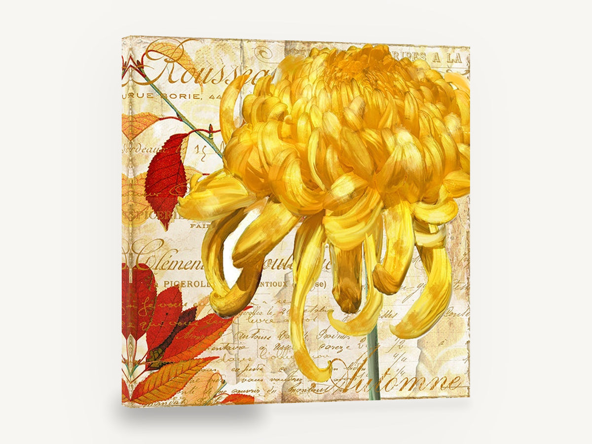 Golden Chrysanthemum Autumn, yellow chrysanthemum autumn leaves script, floral canvas wall art print ready to hang