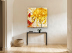 Golden Chrysanthemum Autumn floral canvas print on the wall of a hallway