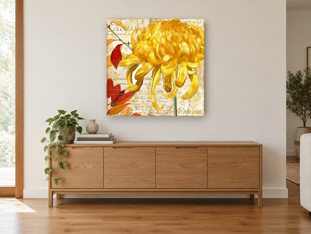 Golden Chrysanthemum Autumn floral canvas print on the wall of a living room above a sideboard