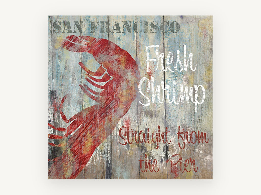 Fresh Shrimp Pier Sign, coastal canvas wall art print, front view