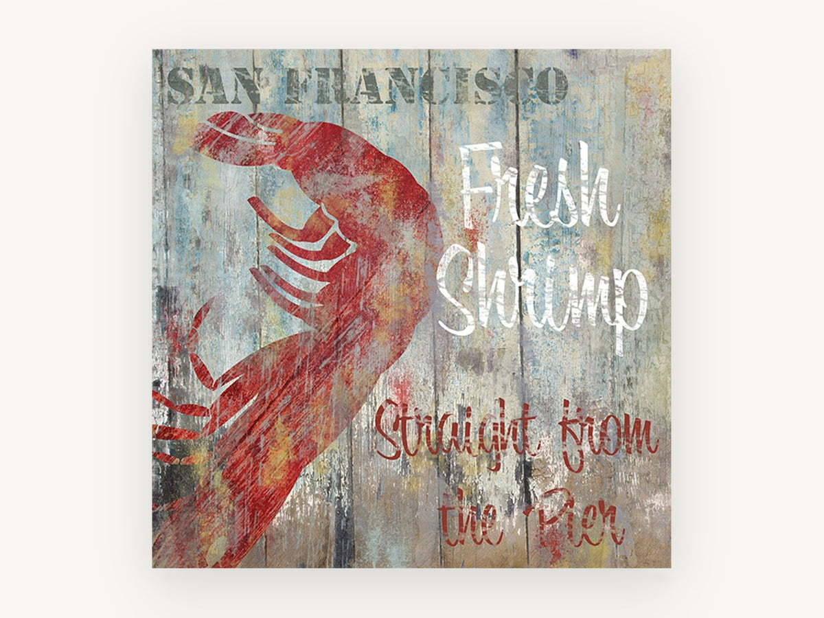 Fresh Shrimp Pier Sign, coastal canvas wall art print, front view