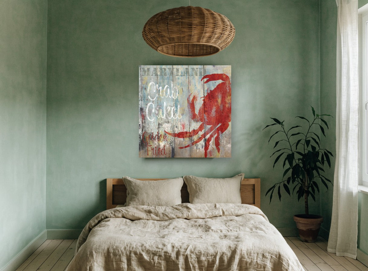 Maryland Crab Cakes Sign coastal canvas print on the wall of a bedroom