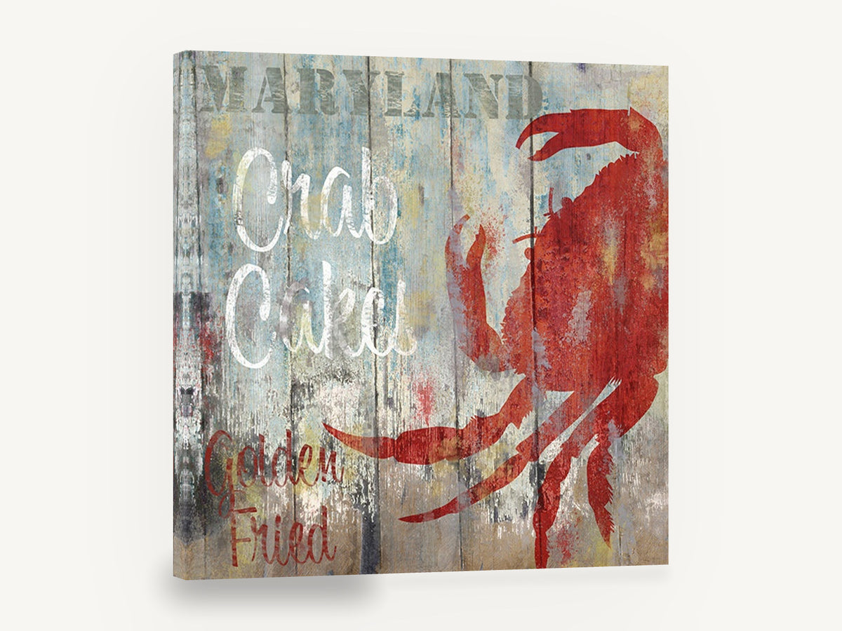 Maryland Crab Cakes Sign, red crab vintage seafood sign, coastal canvas wall art print ready to hang