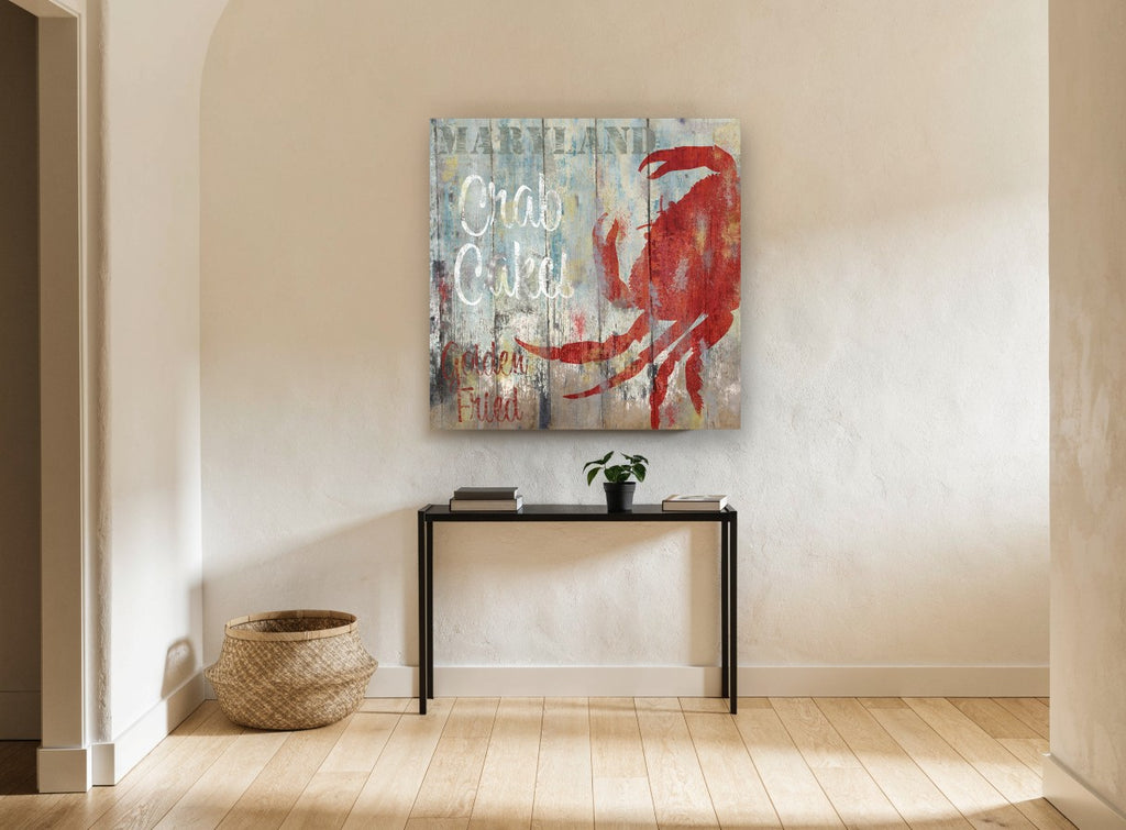 Maryland Crab Cakes Sign coastal canvas print on the wall of a hallway