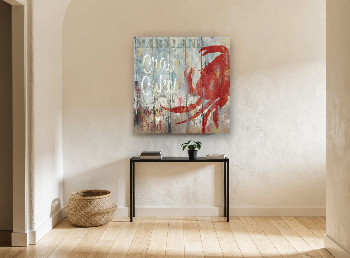 Maryland Crab Cakes Sign coastal canvas print on the wall of a hallway