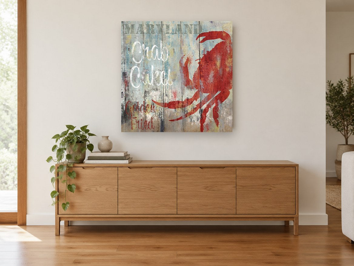 Maryland Crab Cakes Sign coastal canvas print on the wall of a living room above a sideboard