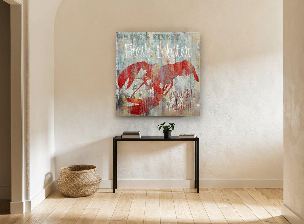 Maine Lobster Shack Sign coastal canvas print on the wall of a hallway