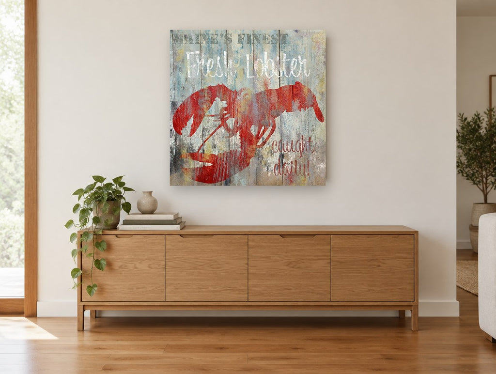 Maine Lobster Shack Sign coastal canvas print on the wall of a living room above a sideboard
