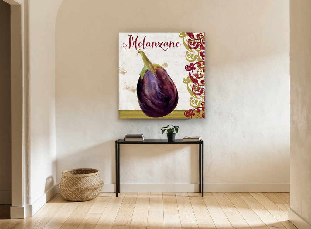 Melanzane Aubergine Script kitchen canvas print on the wall of a hallway