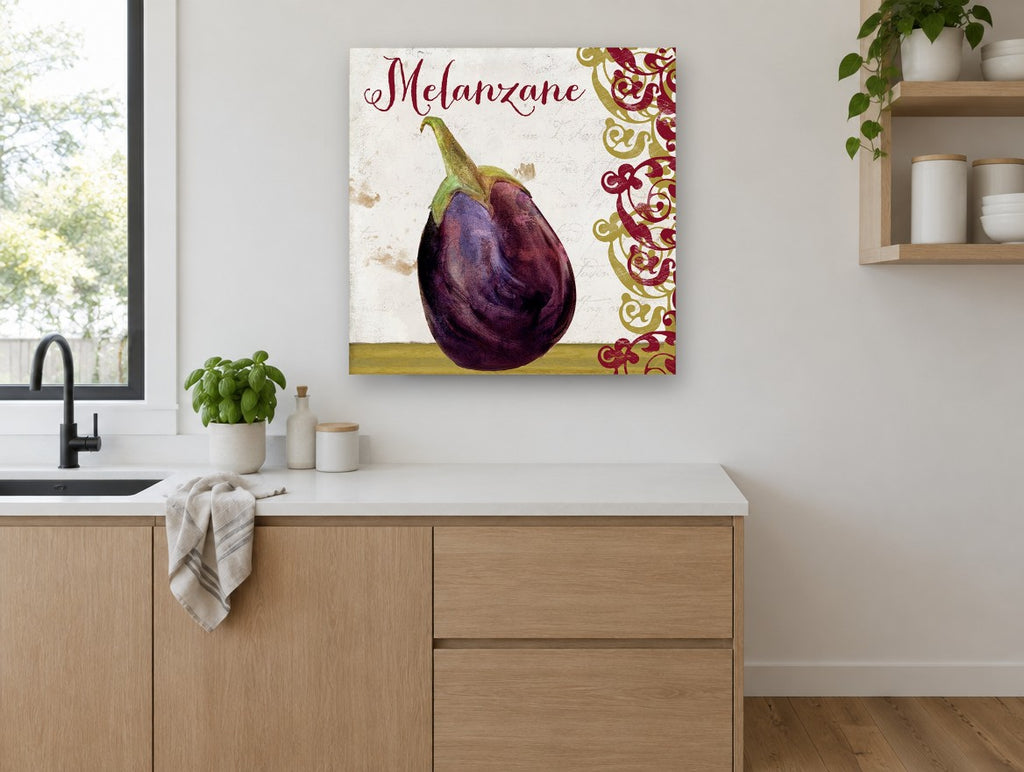 Melanzane Aubergine Script kitchen canvas print on the wall of a kitchen