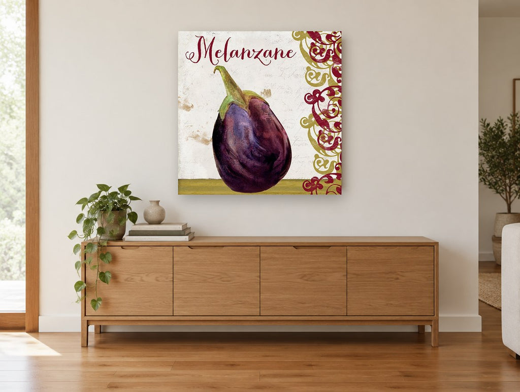 Melanzane Aubergine Script kitchen canvas print on the wall of a living room above a sideboard