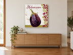 Melanzane Aubergine Script kitchen canvas print on the wall of a living room above a sideboard
