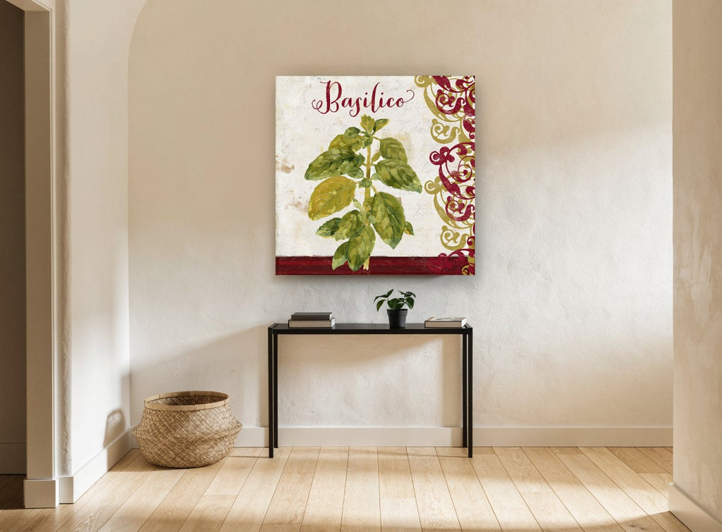 Basilico Herb Scroll kitchen canvas print on the wall of a hallway
