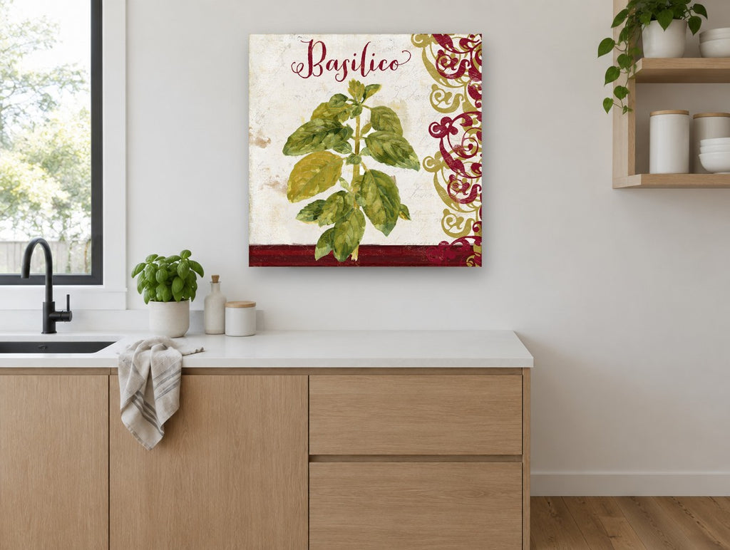 Basilico Herb Scroll kitchen canvas print on the wall of a kitchen