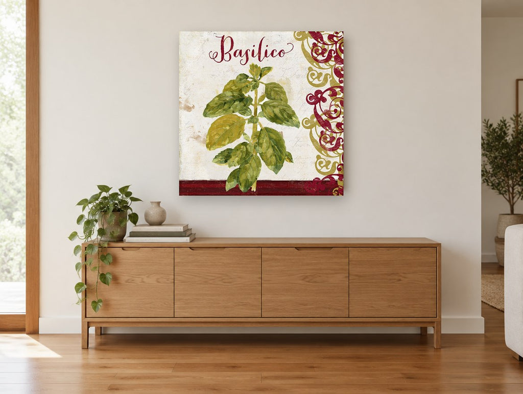 Basilico Herb Scroll kitchen canvas print on the wall of a living room above a sideboard