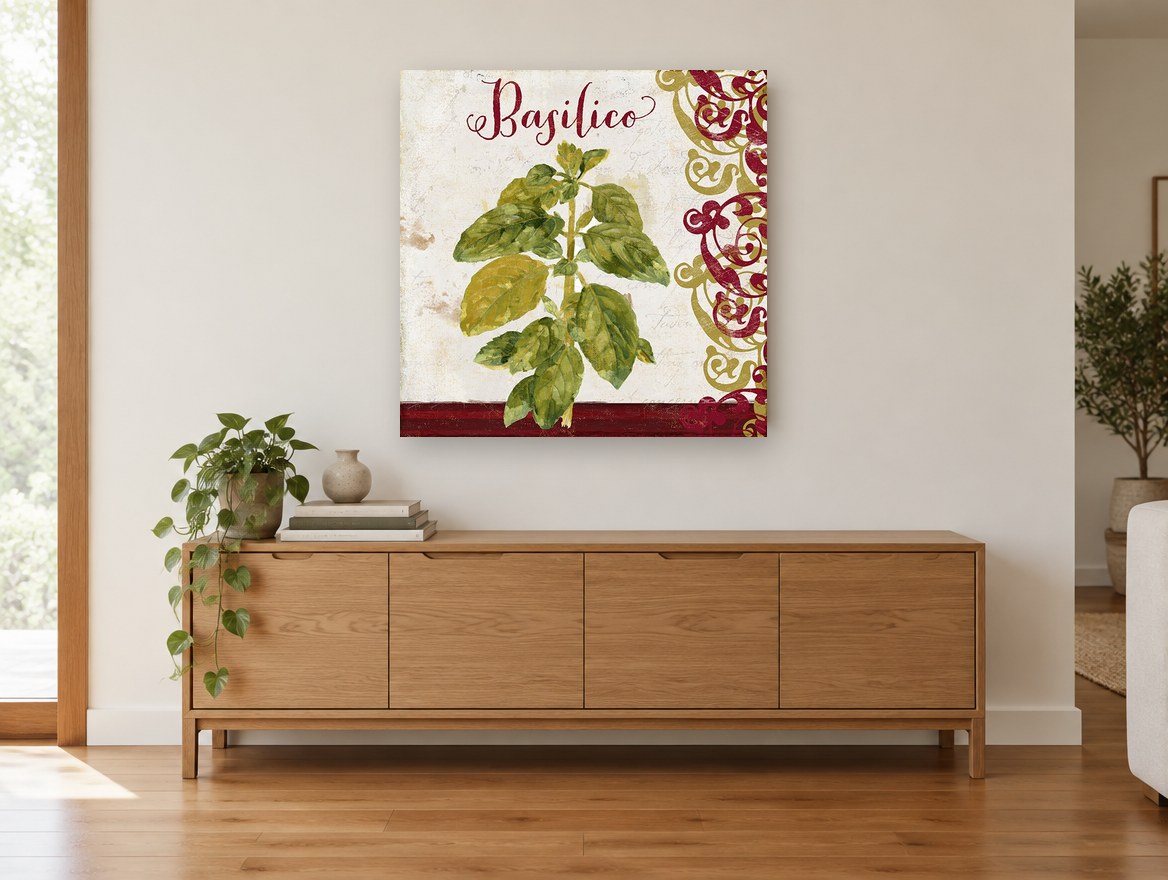 Basilico Herb Scroll kitchen canvas print on the wall of a living room above a sideboard