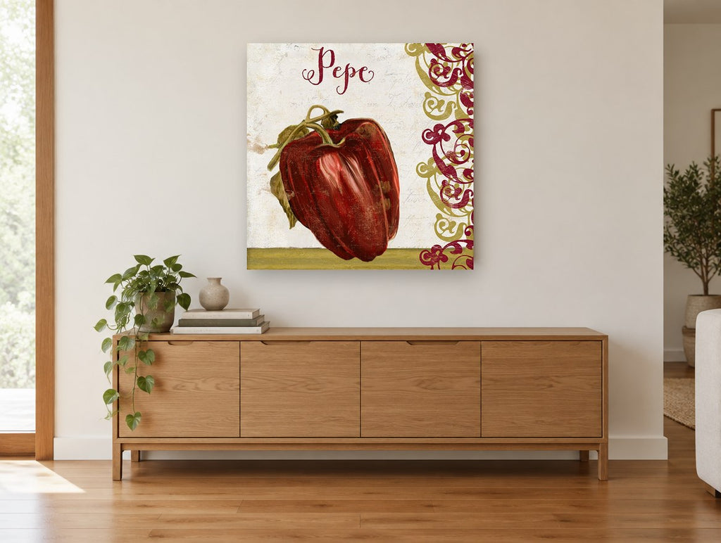 Red Pepe Capsicum kitchen canvas print on the wall of a living room above a sideboard