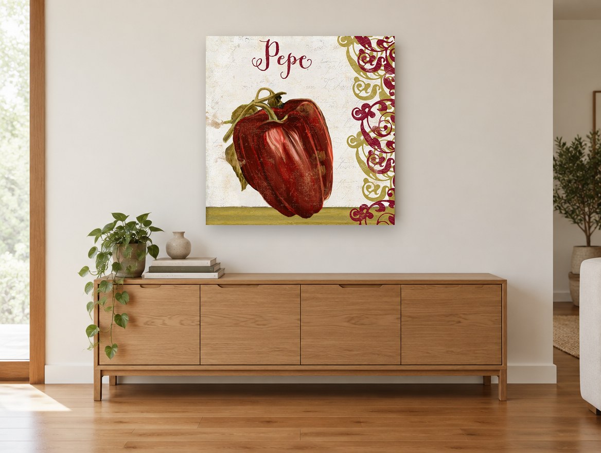 Red Pepe Capsicum kitchen canvas print on the wall of a living room above a sideboard