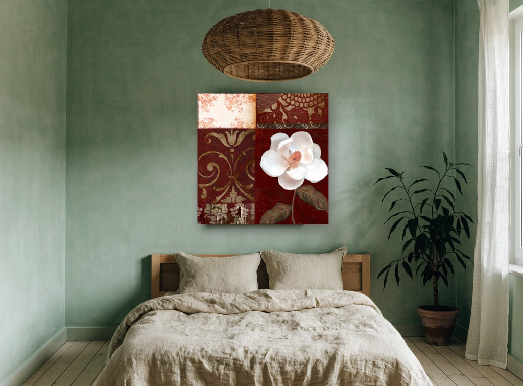 White Magnolia on Burgundy floral canvas print on the wall of a bedroom