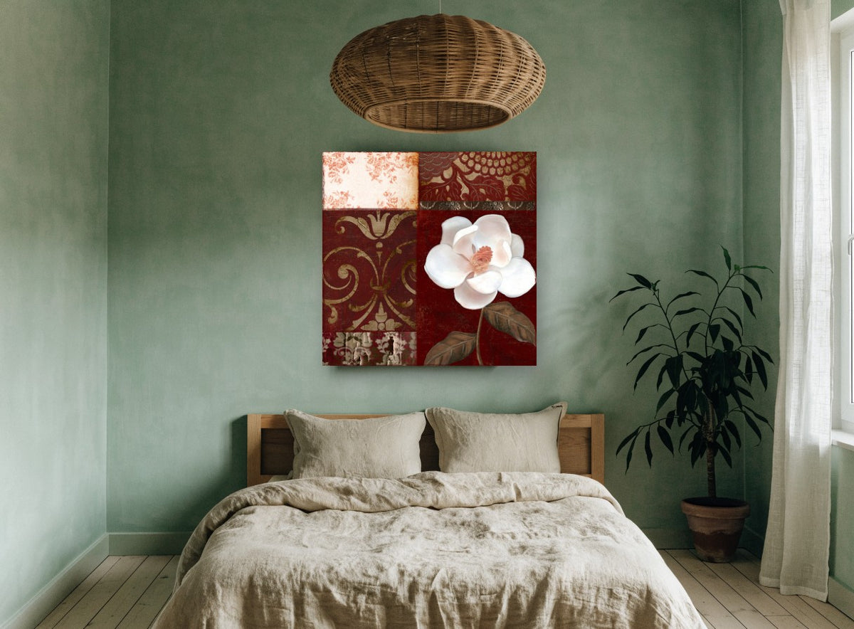 White Magnolia on Burgundy floral canvas print on the wall of a bedroom