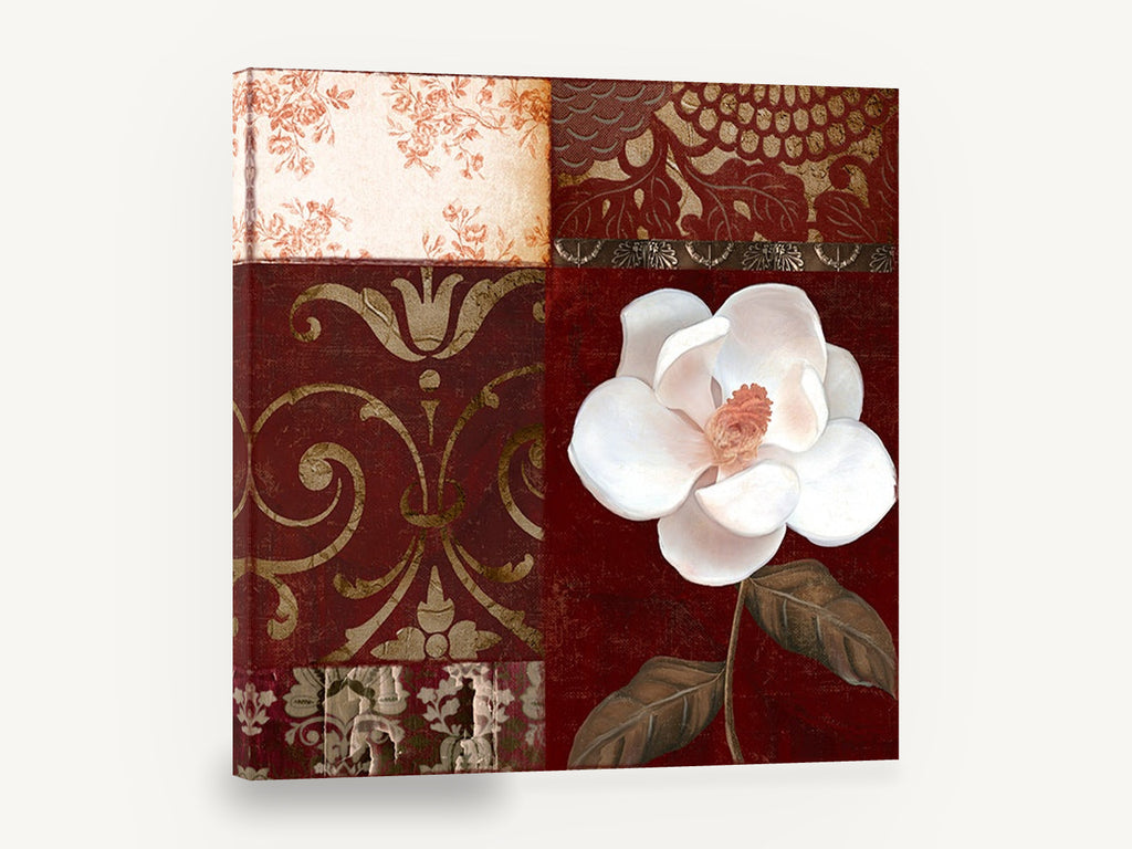 White Magnolia on Burgundy, white magnolia burgundy damask collage, floral canvas wall art print ready to hang