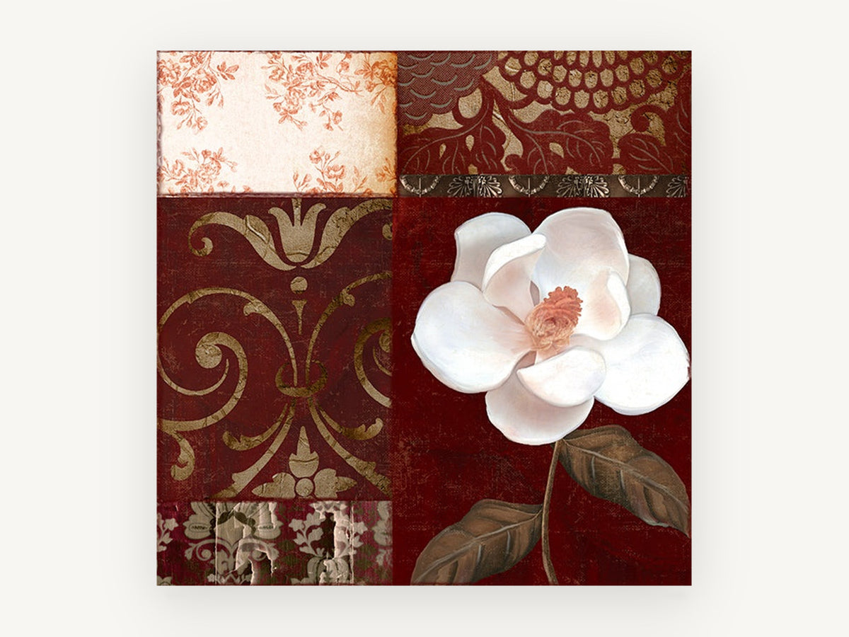 White Magnolia on Burgundy, floral canvas wall art print, front view