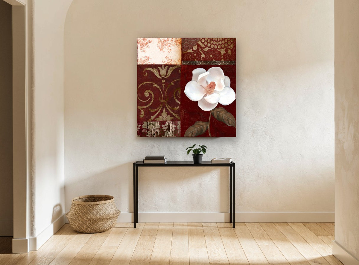 White Magnolia on Burgundy floral canvas print on the wall of a hallway