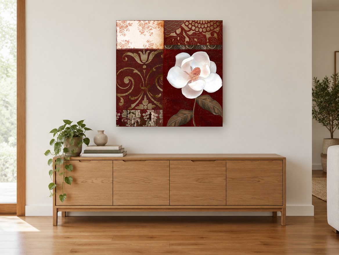 White Magnolia on Burgundy floral canvas print on the wall of a living room above a sideboard