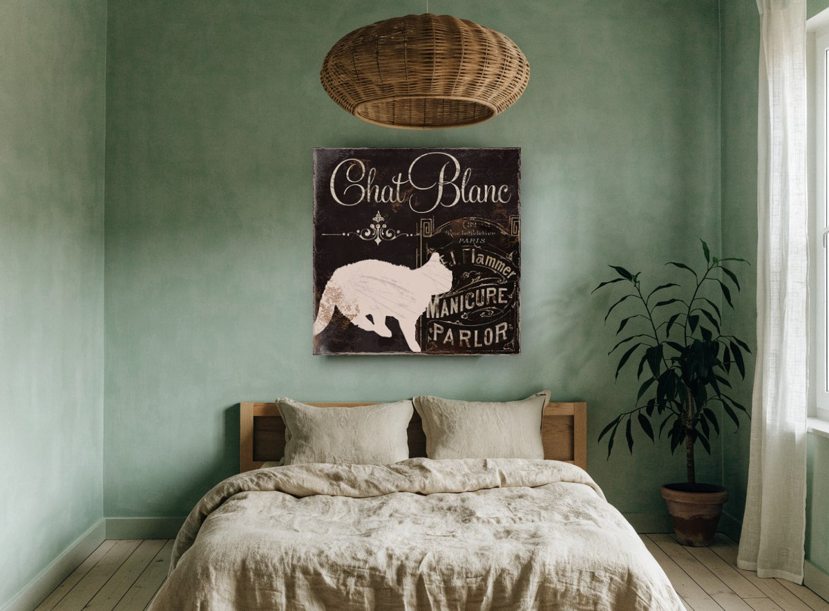 Chat Blanc Manicure Parlor animal canvas print on the wall of a bedroom