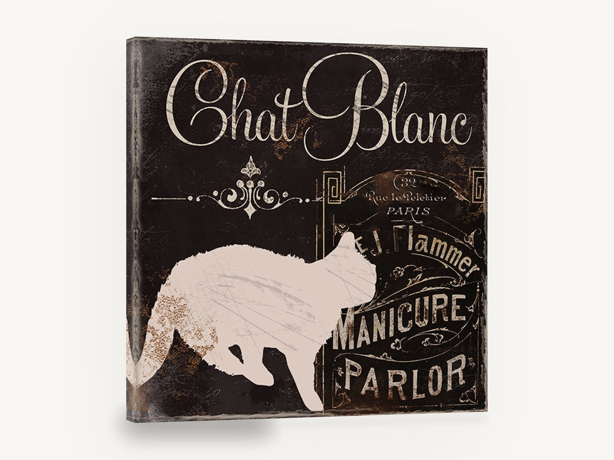 Chat Blanc Manicure Parlor, vintage french cat typography sign, animal canvas wall art print ready to hang
