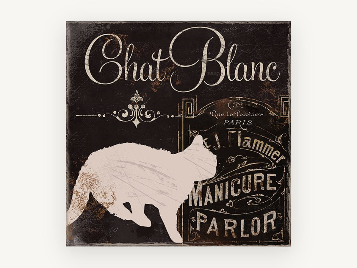 Chat Blanc Manicure Parlor, vintage french cat typography sign, animal canvas wall art print, front view