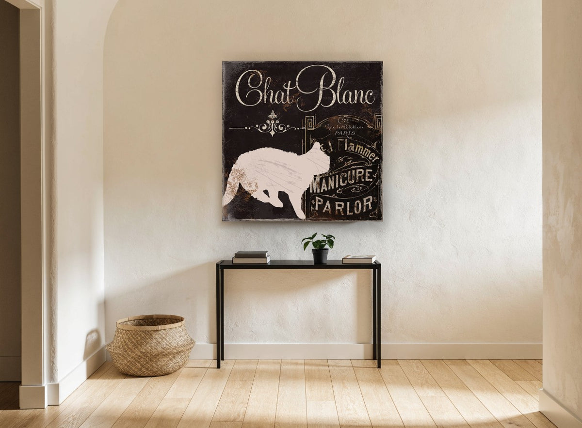 Chat Blanc Manicure Parlor animal canvas print on the wall of a hallway