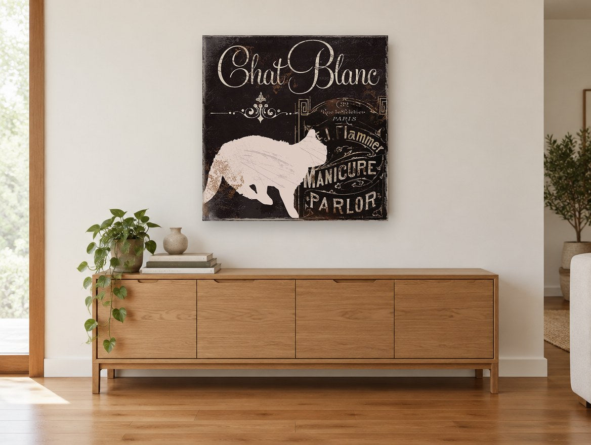 Chat Blanc Manicure Parlor animal canvas print on the wall of a living room above a sideboard