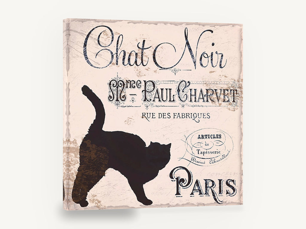 Chat Noir Paris Sign, vintage french black cat typography, animal canvas wall art print ready to hang